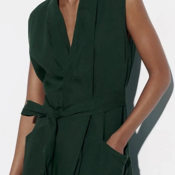 Zara Belted Midi Dress Bottle Green Size Large - Picture 4 of 13